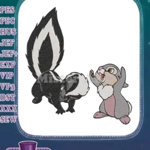 Detailed embroidery design of Flower the skunk with tail raised and Thumper the rabbit jumping with joy.