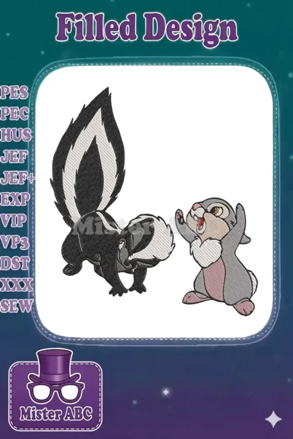 Detailed embroidery design of Flower the skunk with tail raised and Thumper the rabbit jumping with joy.