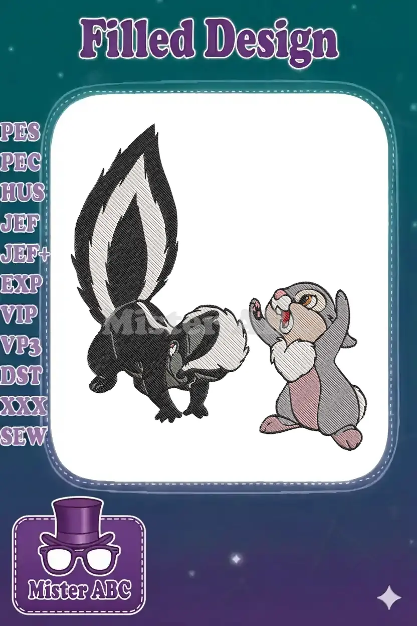 Detailed embroidery design of Flower the skunk with tail raised and Thumper the rabbit jumping with joy.