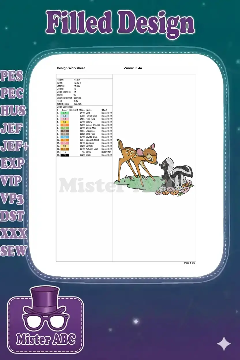 Embroidery design worksheet for Bambi and Flower, showing dimensions, stitch count, 15 colors, and thread sequence.