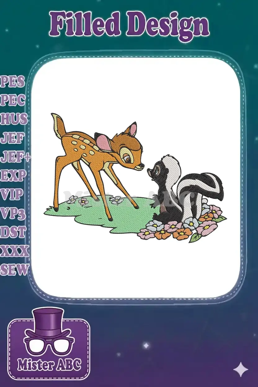 Embroidery design of young Bambi the deer gently nudging Flower the skunk amidst colorful wildflowers on green grass.