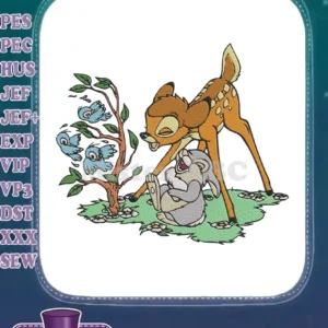 Adorable Bambi, Thumper, and bluebirds embroidery design, perfect for adding a touch of Disney magic to any item.
