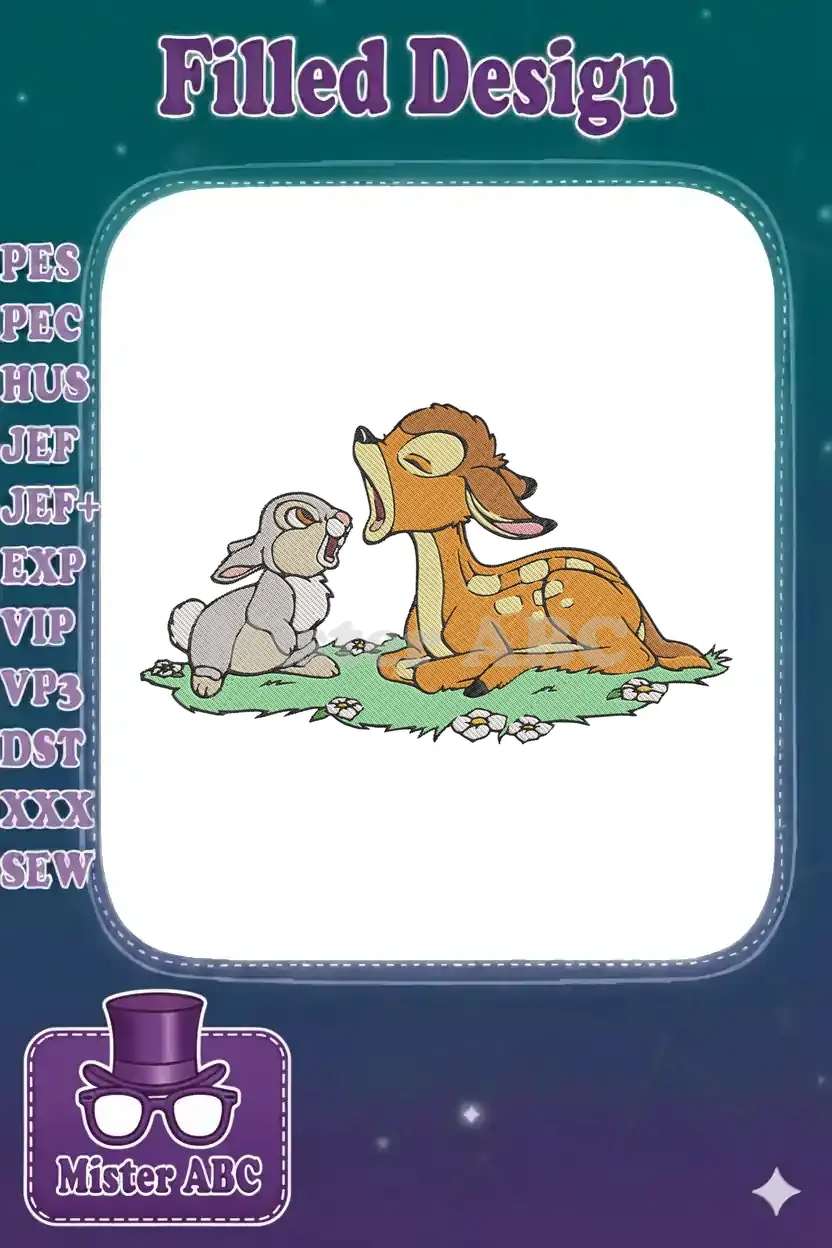 An adorable embroidery design of Bambi the fawn and Thumper the rabbit yawning together on a grassy patch.