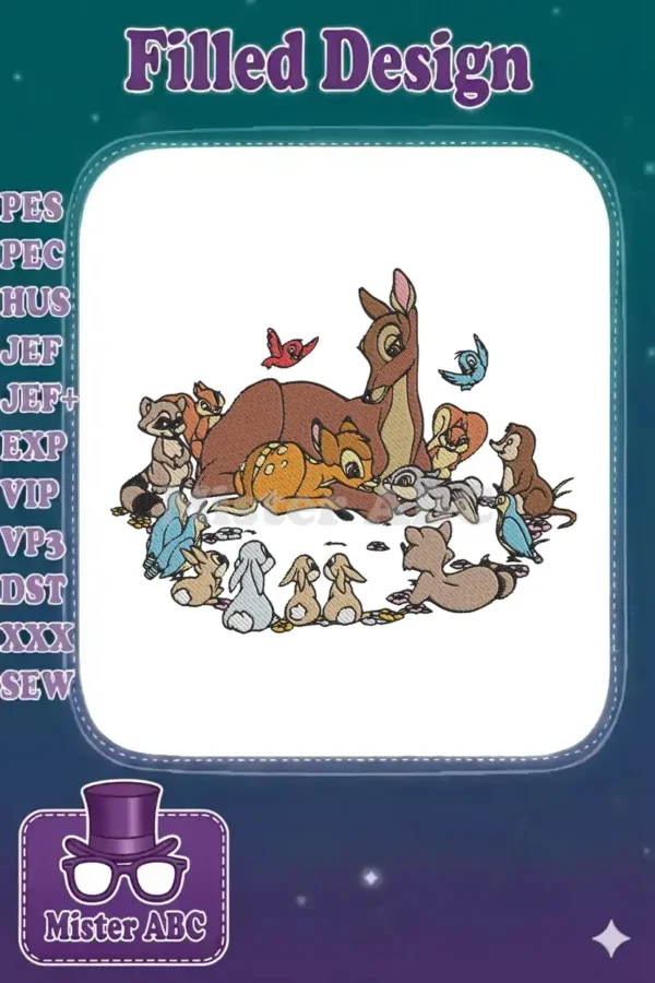 A charming embroidery design of Bambi, his mother, Thumper, Flower, and other forest friends in a heartwarming circle.