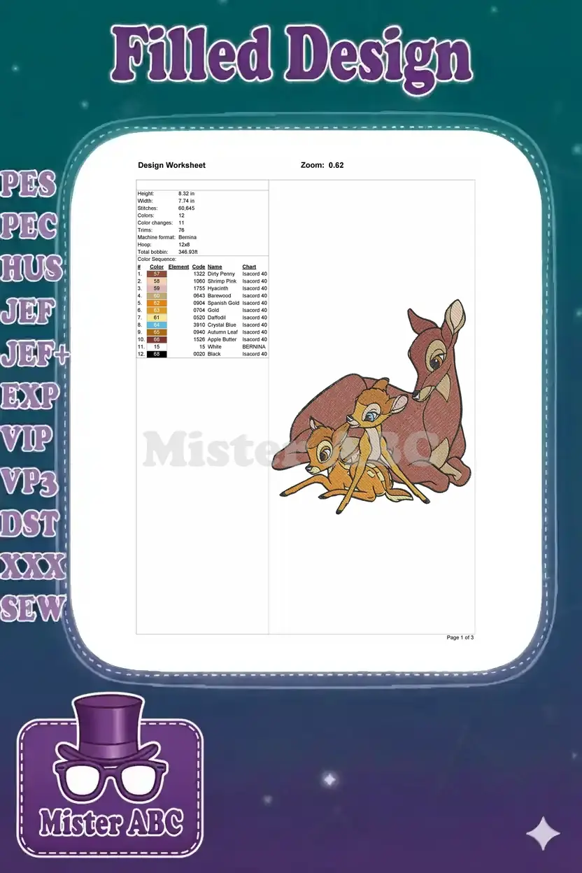 A detailed embroidery design worksheet showing technical specifications like dimensions, stitch count, and color sequence.
