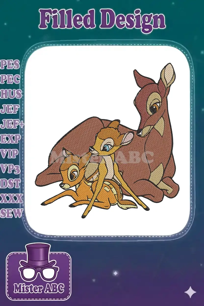 A heartwarming embroidery design featuring Bambi, Faline, and a young fawn resting together in a serene pose.