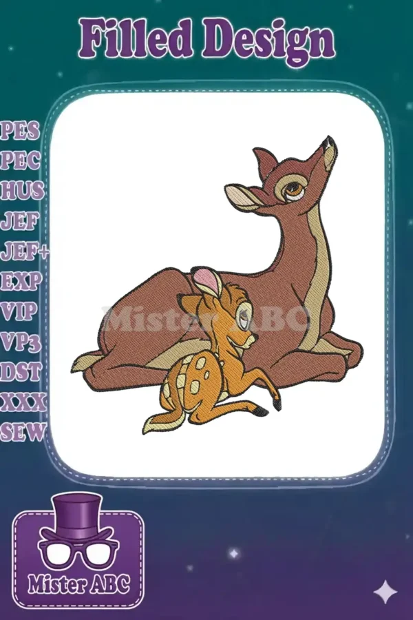 A heartwarming embroidery design of young Bambi nestled beside his mother, featuring rich textures and vibrant colors.