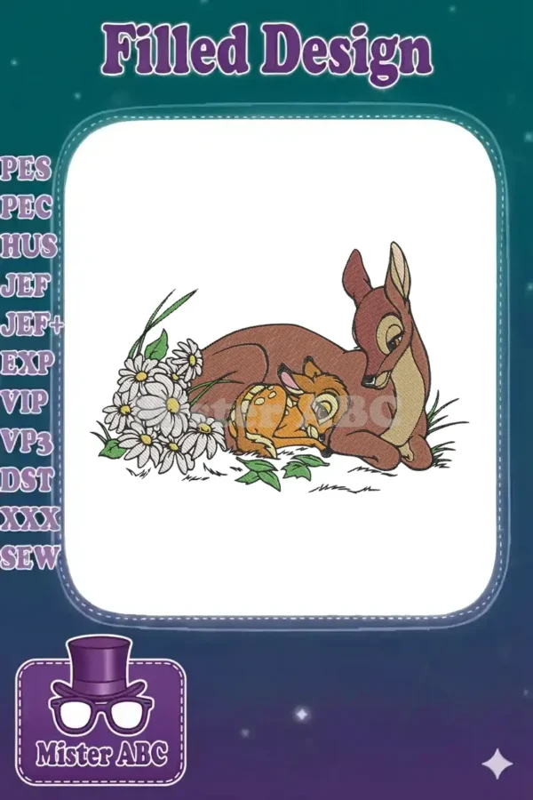 A heartwarming embroidery design featuring Bambi the fawn nestled beside his loving mother amidst a field of daisies.