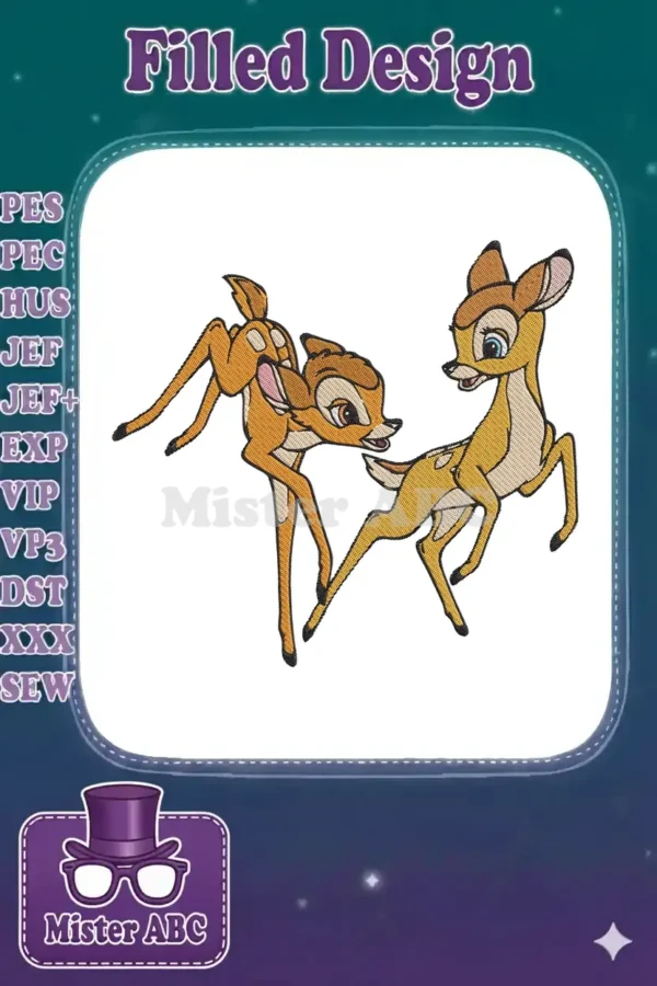 Vibrant embroidery design featuring Disney's Bambi and Faline as playful fawns, showcasing intricate detail.