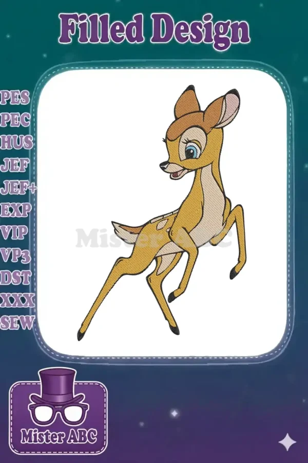 Full-color embroidery design of a playful young Bambi leaping, featuring detailed stitching and vibrant, classic Disney hues.