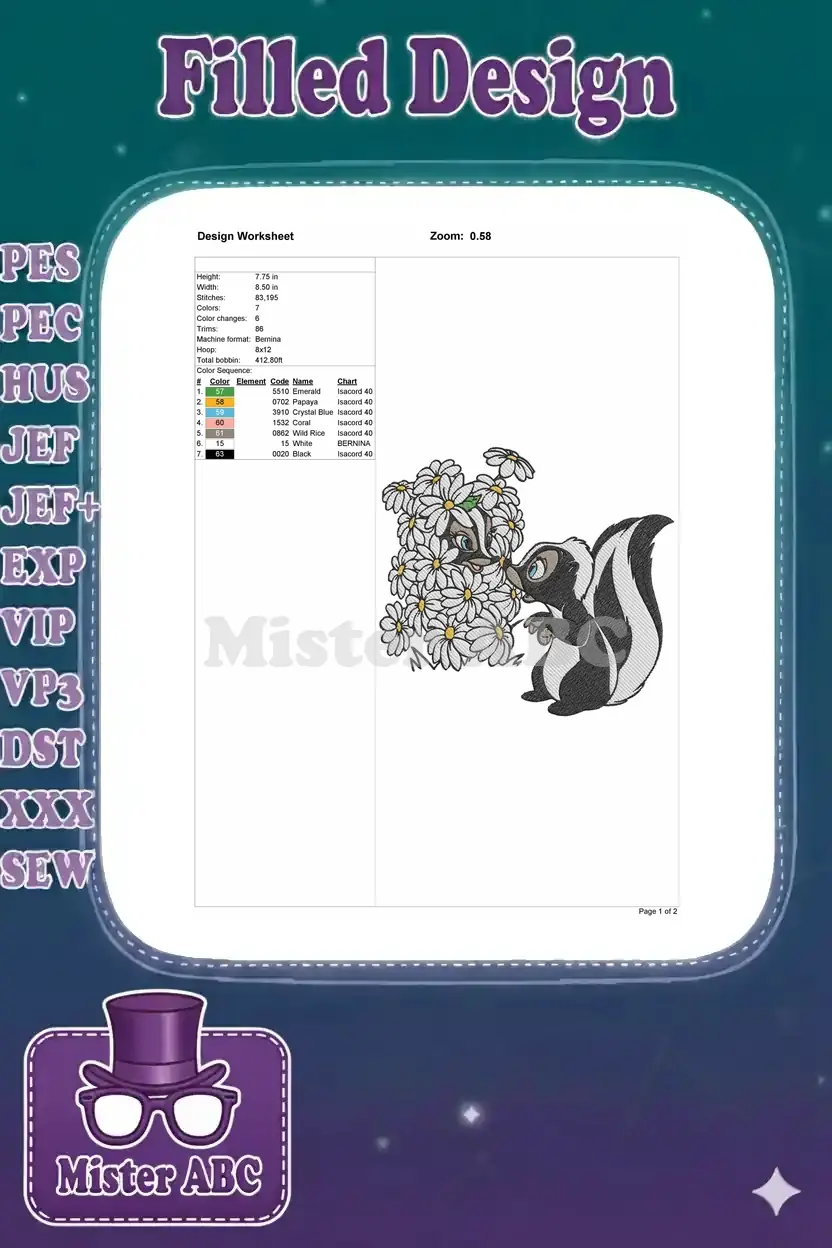 Design worksheet for Flower skunk embroidery, detailing size, stitch count, color sequence, and machine formats.