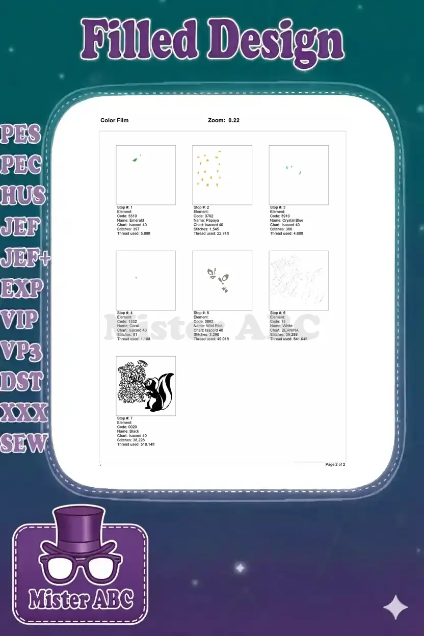 Color film breakdown for Flower skunk embroidery, showing the stitching sequence for each of the seven colors.