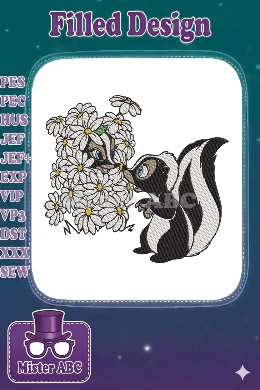 Close-up of the Flower skunk embroidery design showing intricate stitching, vibrant colors, and charming details.