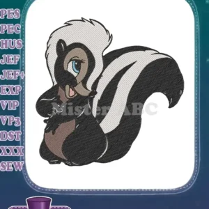 A charming embroidery design of Flower the skunk from Disney's Bambi, featuring delicate fill stitching and vibrant colors.