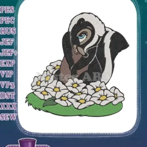 An enchanting embroidered skunk, reminiscent of Flower from Bambi, peeking shyly from a beautiful bed of white daisies.