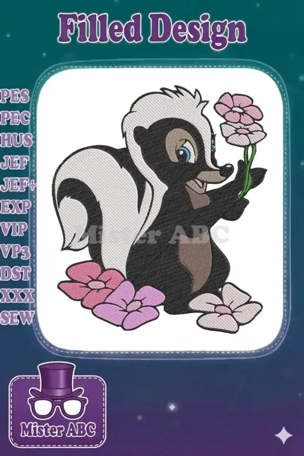 A charming embroidery design featuring a cute skunk character, likely Flower from Bambi, holding pink flowers.