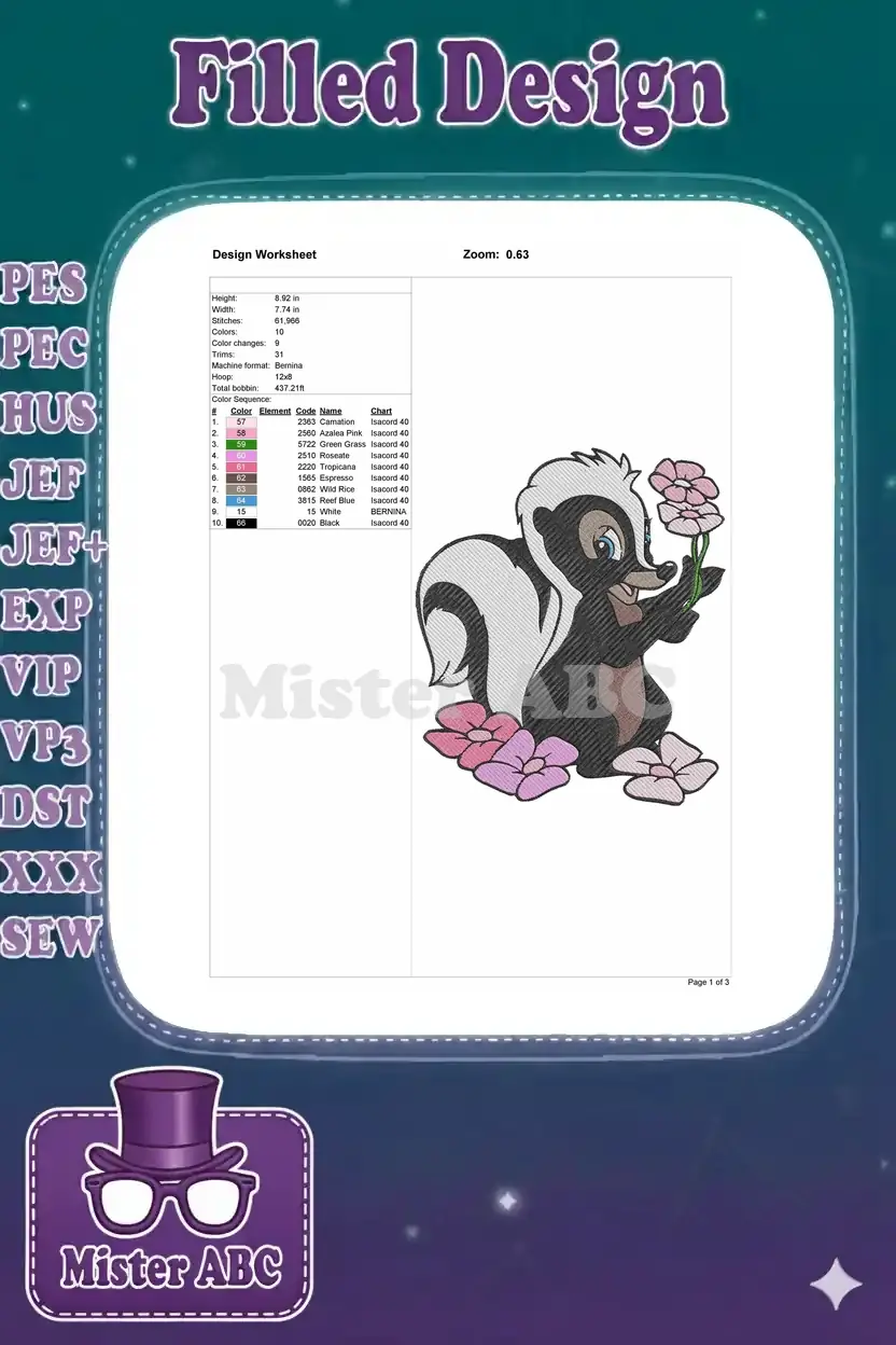 Detailed embroidery design worksheet showing dimensions, stitch count, color sequence, and thread chart for the skunk.