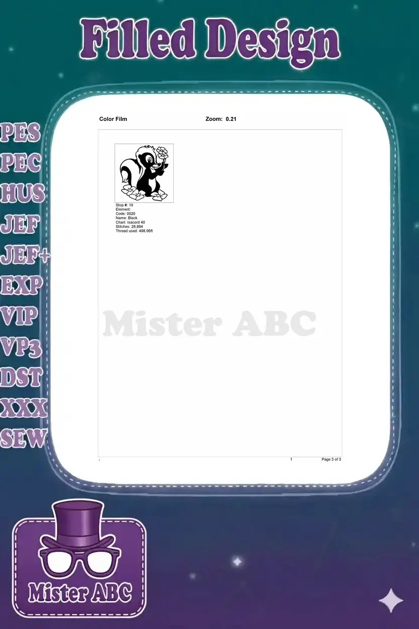 Second page of the color film document, displaying the final stitch order and thread usage for the skunk design.