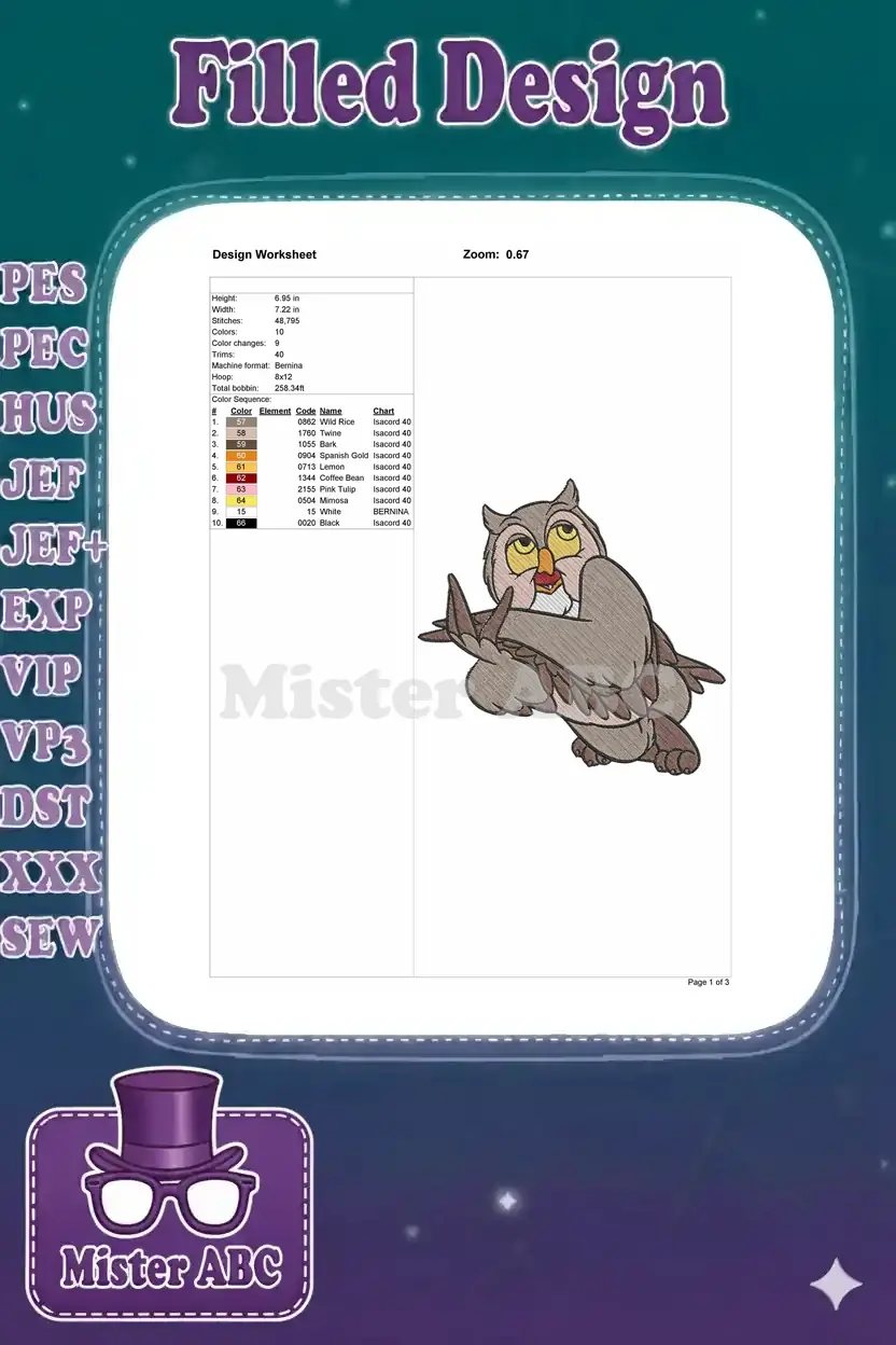 Embroidery design worksheet for Owl, showing dimensions, stitch count, color sequence, and machine compatibility details.