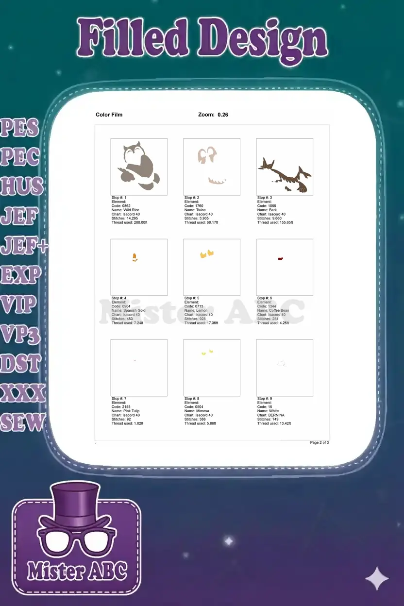 First page of the color film for Owl embroidery, illustrating the initial 9 thread stops and their stitch progression.