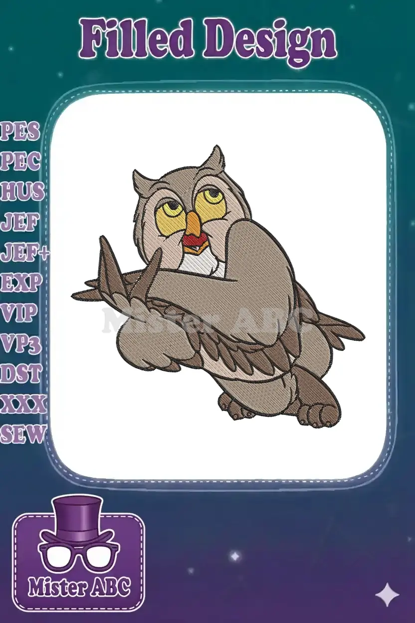 Detailed embroidery design of Owl from Winnie the Pooh, lying down and looking up, featuring a variety of brown and yellow threads.