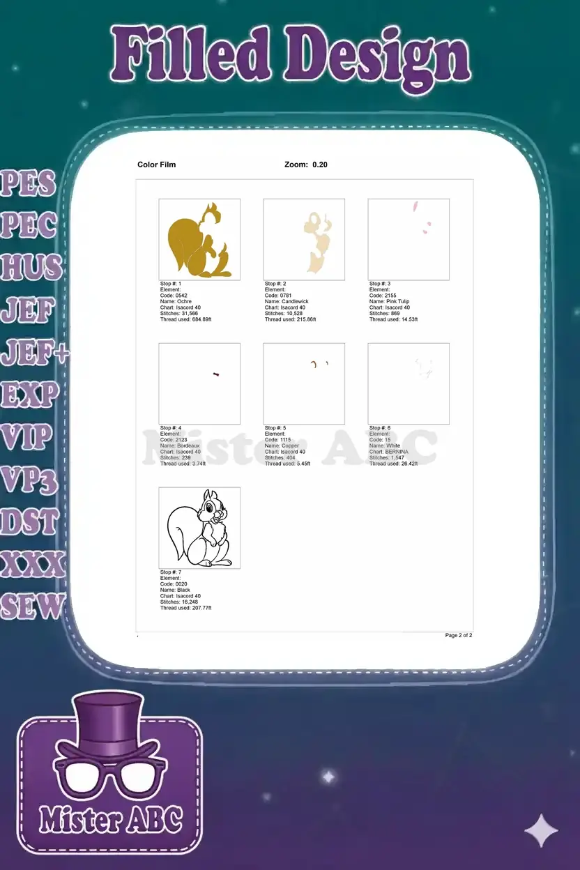 Color film breakdown for the squirrel embroidery, illustrating the stitch sequence for each of the seven thread colors.