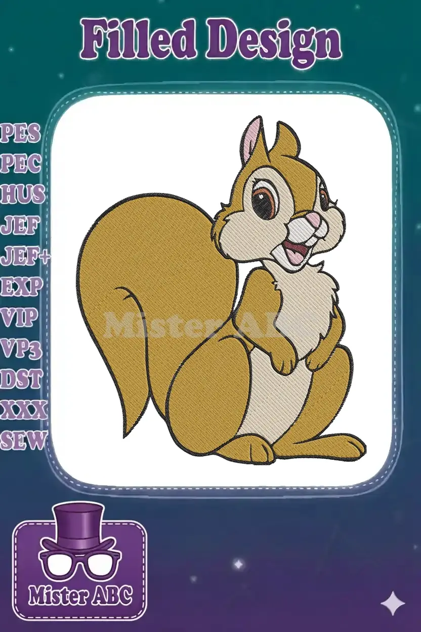 Close-up of a charming cartoon squirrel embroidery design with a fluffy tail and cheerful expression, ready to stitch.
