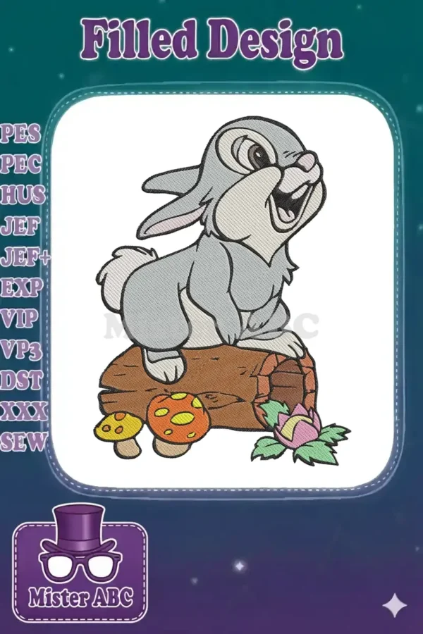 Close-up of a cheerful Thumper embroidery design, the iconic Disney rabbit sitting happily on a log with mushrooms.