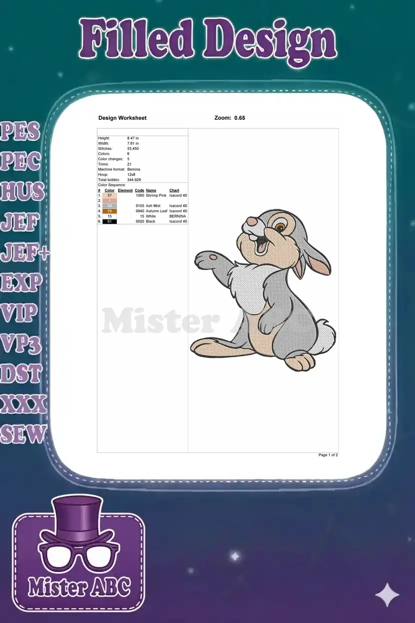 Embroidery design worksheet detailing Thumper's dimensions, stitch count, color sequence, and machine format.