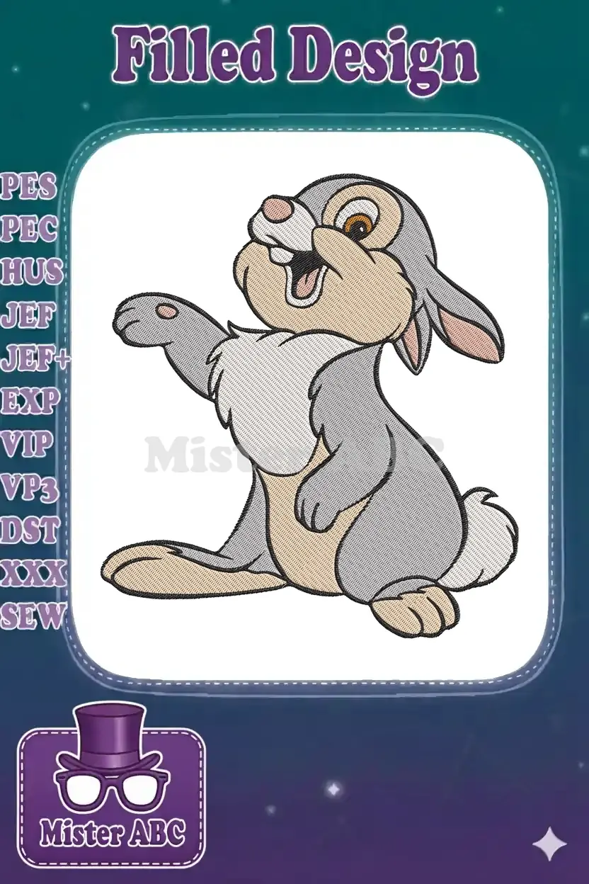 Vibrant embroidery design featuring Thumper, the cheerful bunny from Disney's Bambi, waving happily.