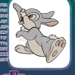 A detailed embroidery design of Disney's Thumper, the rabbit, in a playful, energetic pose on a white background.