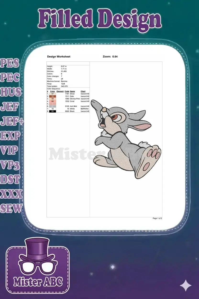 A detailed embroidery design worksheet for Thumper, showing dimensions, stitch count, colors, and thread codes.