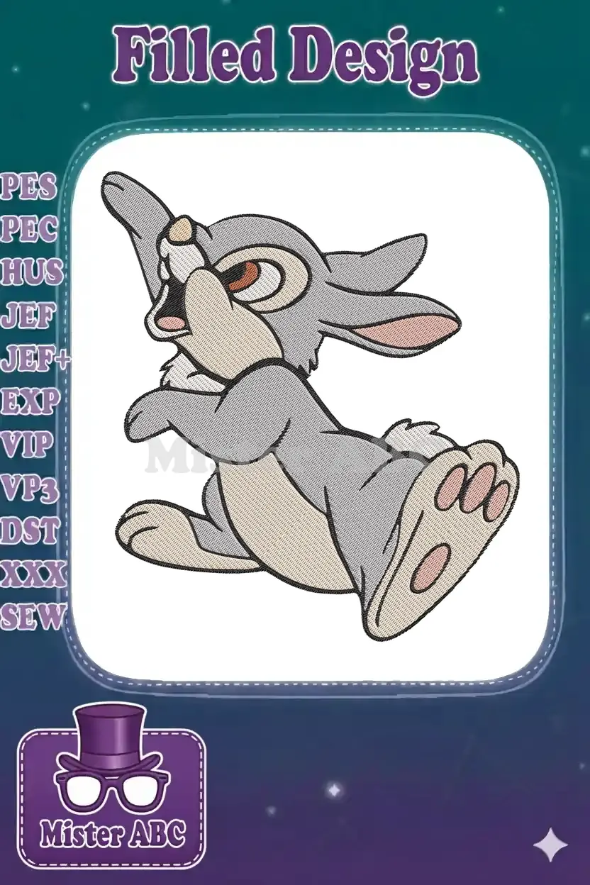 A detailed embroidery design of Disney's Thumper, the rabbit, in a playful, energetic pose on a white background.