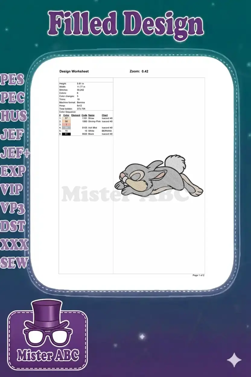 Embroidery design worksheet for Thumper, detailing stitch count, dimensions, color sequence, and machine info.