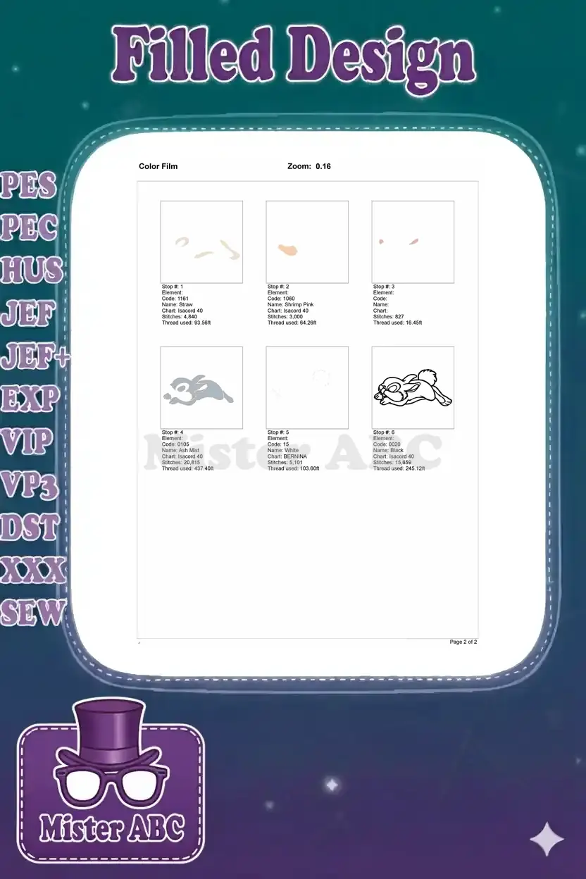 Color film sequence showing the step-by-step stitching process for the Thumper embroidery design.