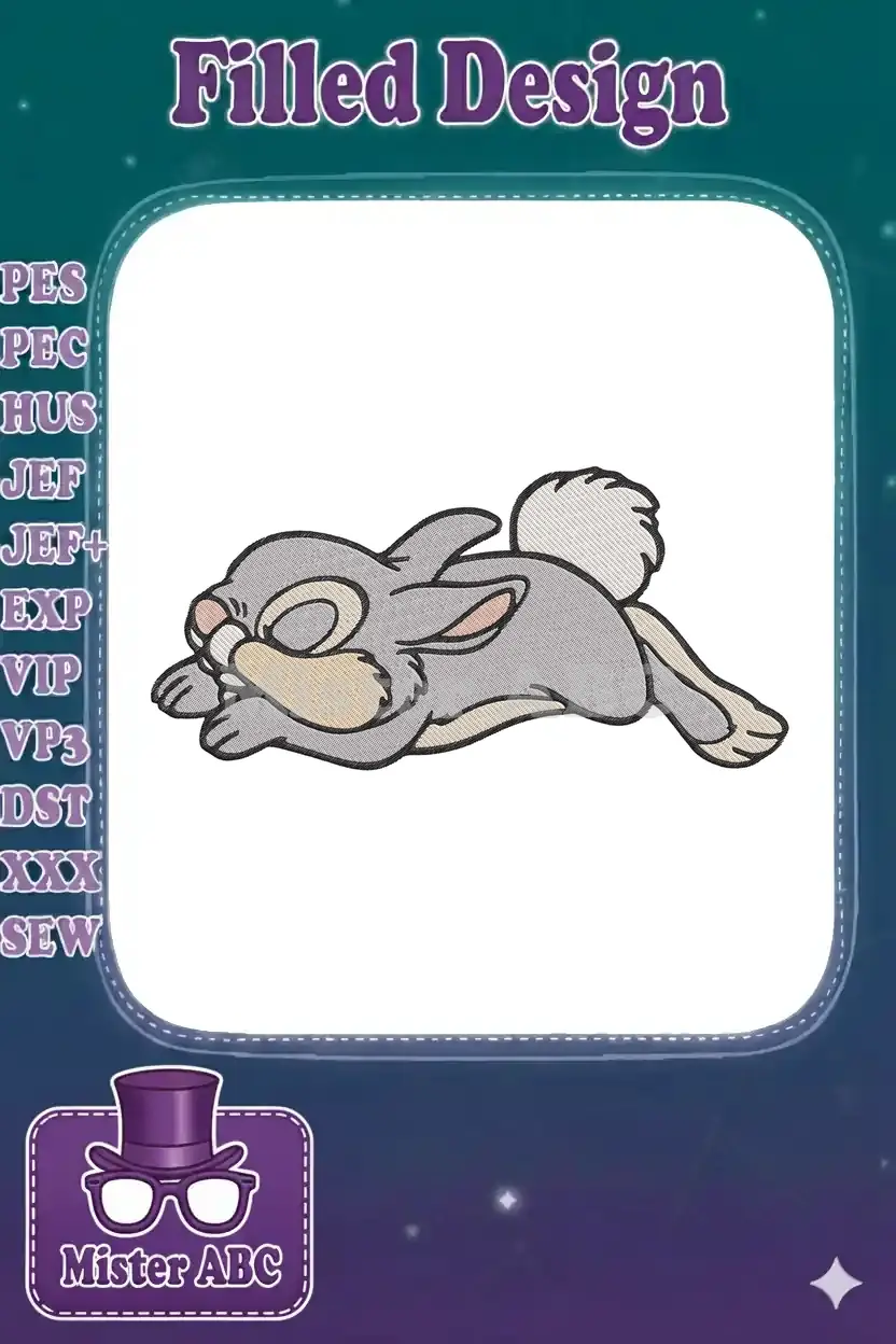 Close-up of a machine embroidery design featuring Thumper, the rabbit from Disney's Bambi, sleeping peacefully.