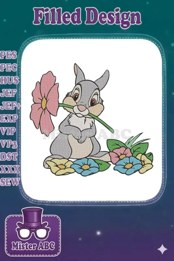 Thumper from Disney's Bambi, a gray bunny holding a pink flower in its mouth, surrounded by colorful blossoms.