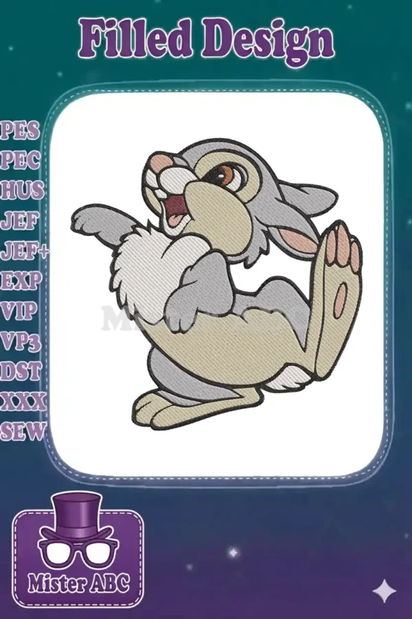 Close-up of a cheerful Thumper embroidery design, featuring the iconic rabbit from Bambi in a lively, playful pose.