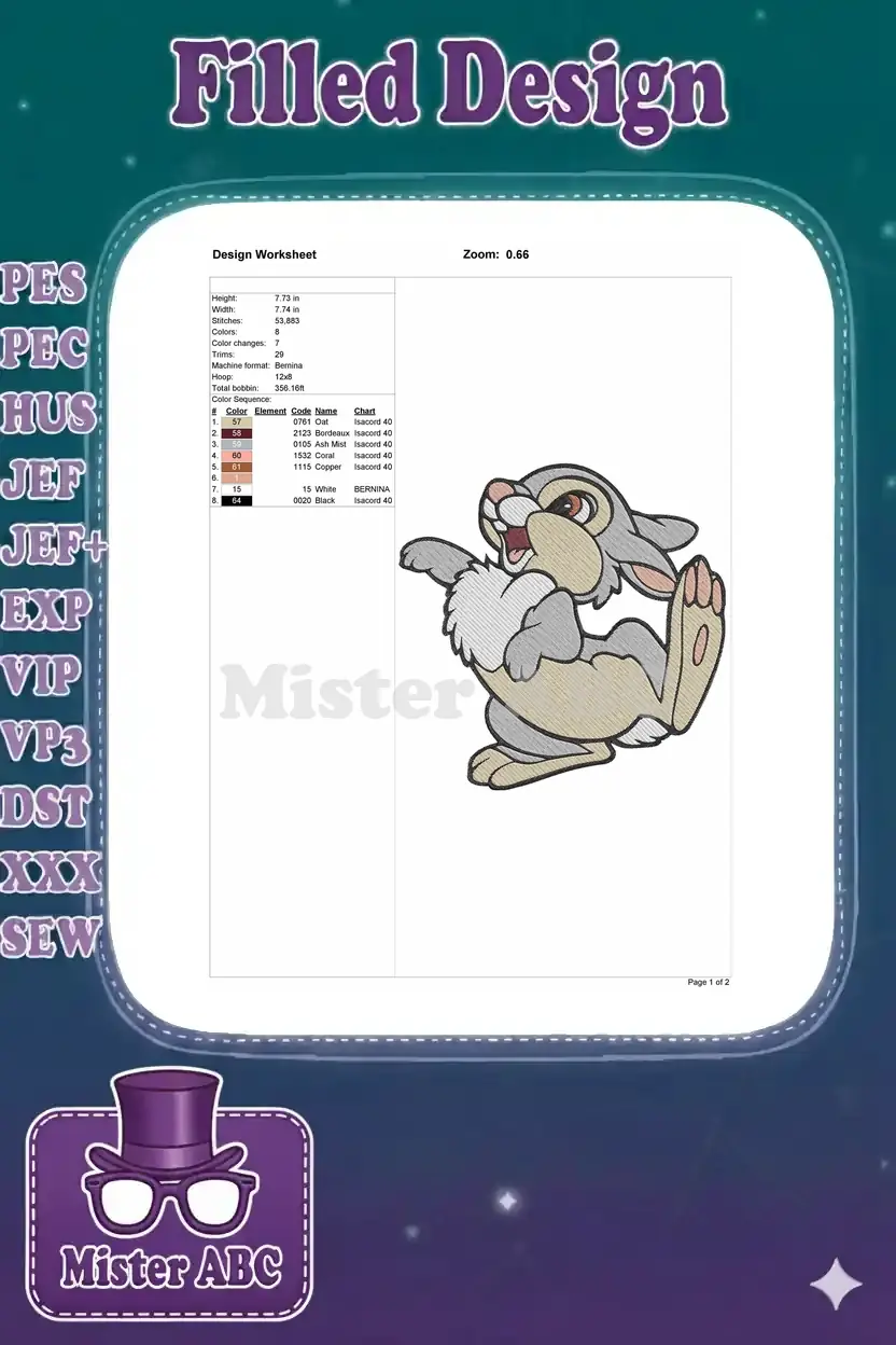 Embroidery design worksheet for Thumper, detailing height, width, stitch count, color sequence, and machine format.