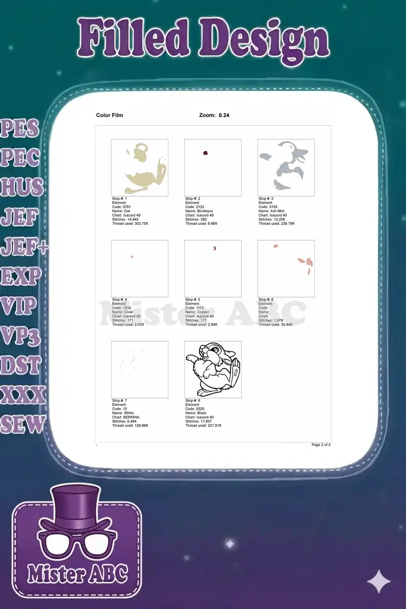 Color film breakdown for the Thumper embroidery design, showing each stitch stop and thread usage sequentially.