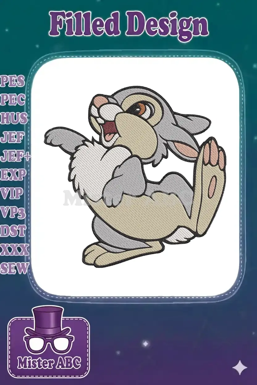 Close-up of a cheerful Thumper embroidery design, featuring the iconic rabbit from Bambi in a lively, playful pose.