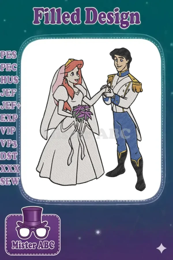 Exquisite machine embroidery design featuring Ariel and Prince Eric in their wedding attire, holding hands romantically.