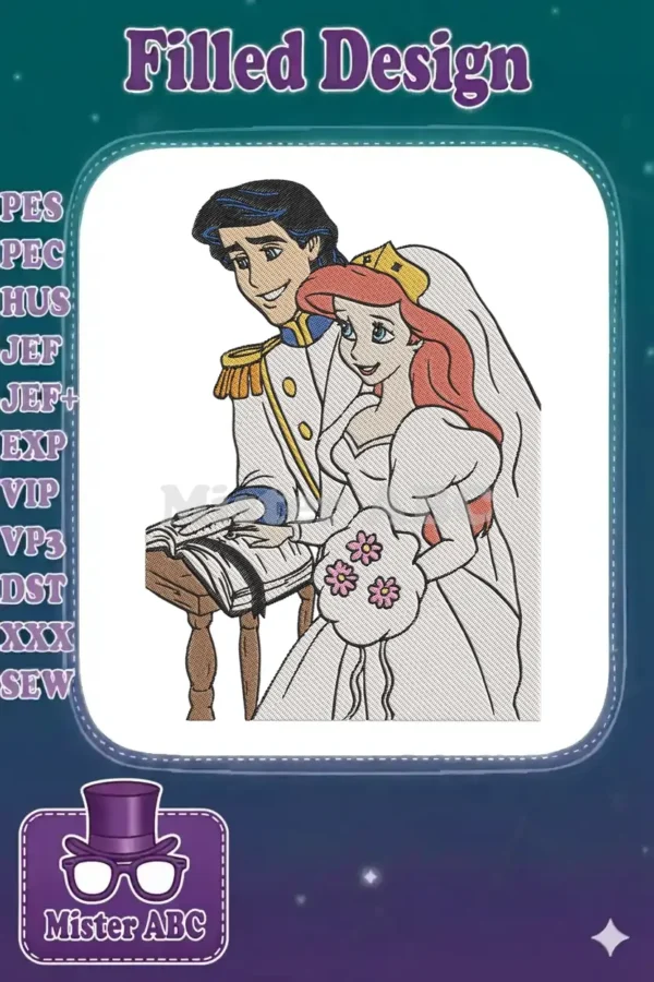 Full-color embroidery design of Ariel and Prince Eric in wedding attire, capturing their joyful union.