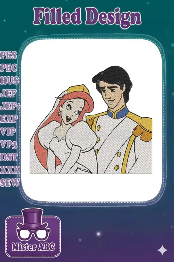 Close-up embroidery of Ariel in a white wedding gown and Prince Eric in his royal uniform, happily together.