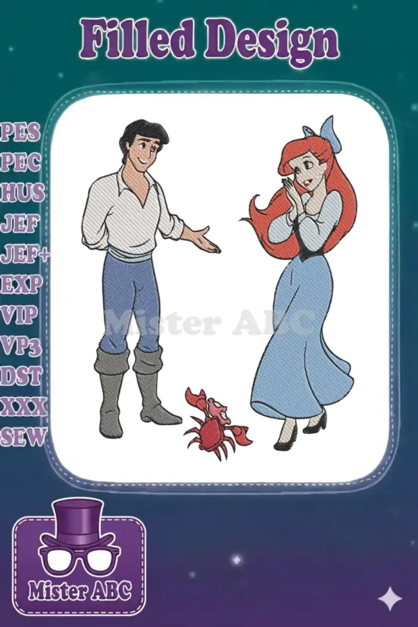Ariel, Prince Eric, and Sebastian in a detailed embroidery design, showcasing vibrant colors and fill stitches.