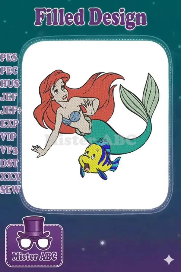 A detailed embroidery design featuring Ariel and Flounder, capturing their classic expressions in vivid colors.