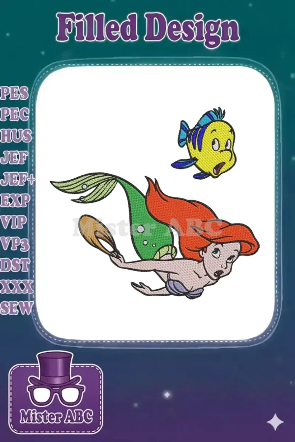 Vibrant embroidery design featuring Ariel the mermaid and her fish friend Flounder, swimming happily together.