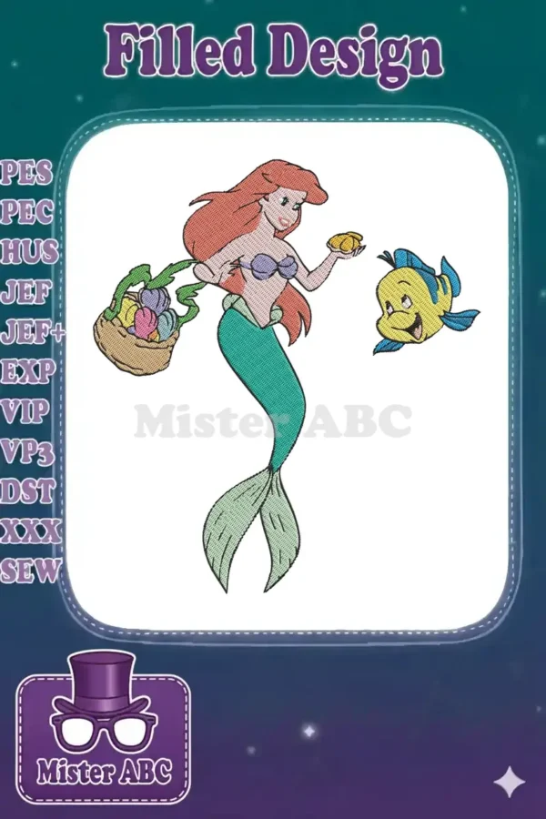 Ariel the mermaid with red hair and a green tail, holding an Easter basket, looking at Flounder the fish.