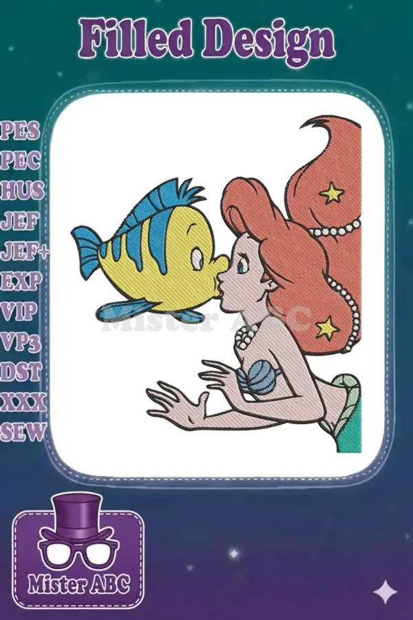 Vibrant embroidery design of Disney's Ariel and Flounder sharing a tender kiss, full of classic charm.