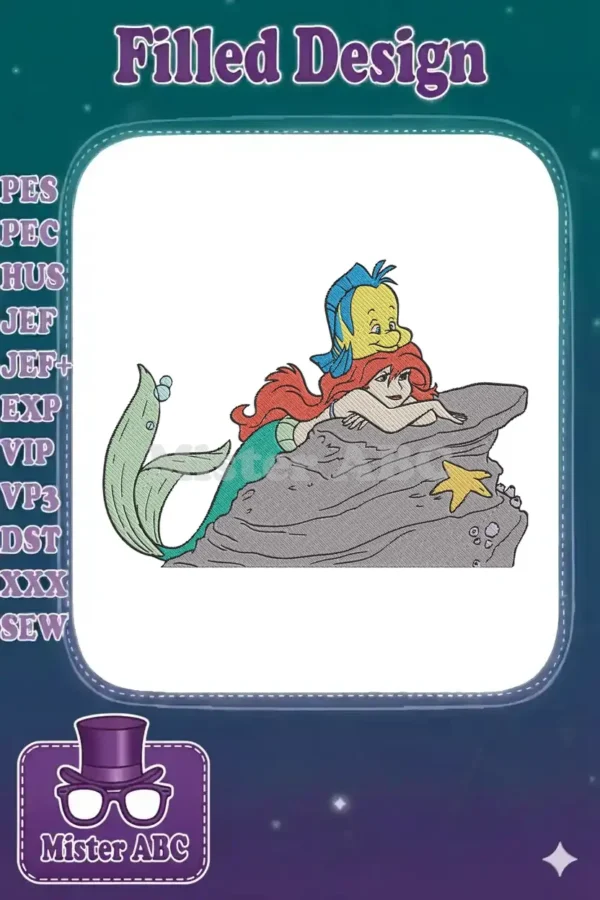 Ariel, the Little Mermaid, with Flounder on her head, relaxing on a rock with a starfish. Vibrant embroidery design.